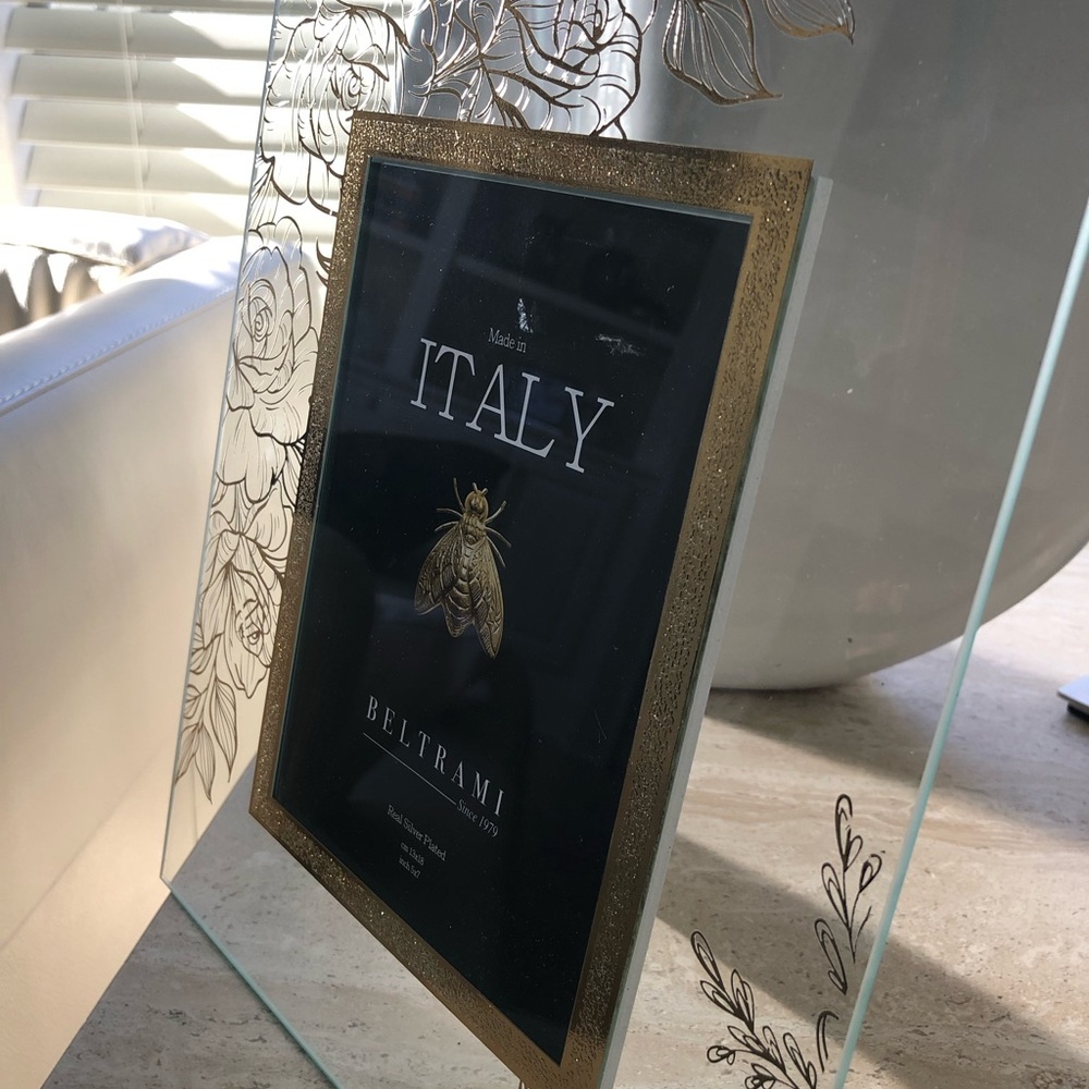 Beltrami Silver Plated Glass Photo Frame Made in Italy Floral Etching 5x7 New